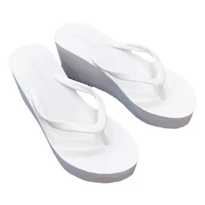 New High-heeled Flip-flops Women's Summer Wedge Solid Color Sandals 7.5cm Beach Slippers Mid-heeled Women's Slippers