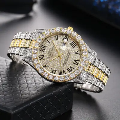 Men's Full Diamond Roman Dial Watch Gold Bracelet Blue Dial