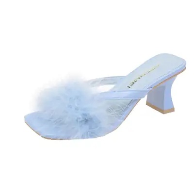 2023 Summer new fashion ostrich hair square toe flip-flop high heel sandals thick heel slippers for women
