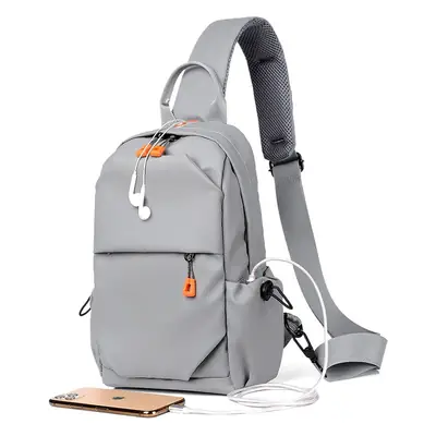 New Men's Grey Urban Casual Chest Bag with Wireless Charging Cable