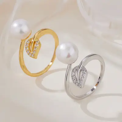2023 Pearl Leaf Zircon Ring Set for Women