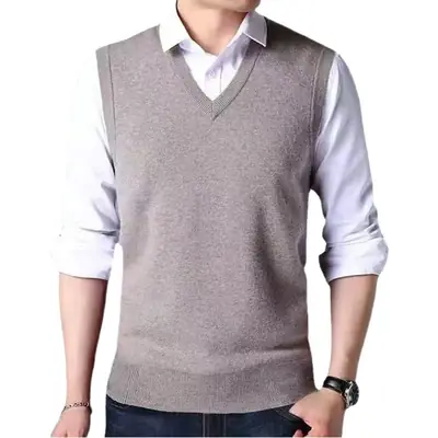 V-Neck Wool Vest for Men Grey Knitted Sleeveless