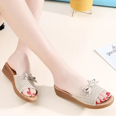Women's Yellow Bow Hollow Sandals with Thick Bottom