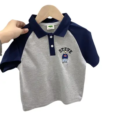 2025 Boys Polo Shirt Grey Blue Contrast Summer Wear