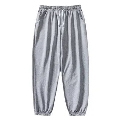 Men Cotton Eight Point Sports Pants Solid Color Wide Leg