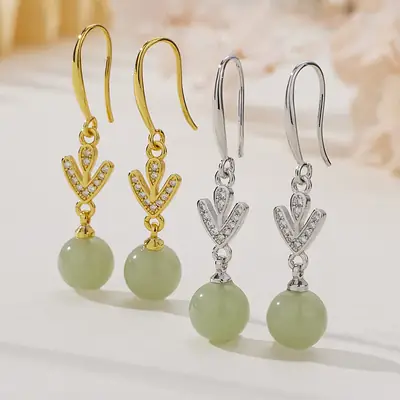2023 Hetian Jade Leaf Earrings with Zircon