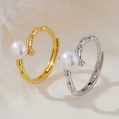 Gold Pearl Ring Adjustable White Stone