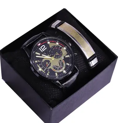 Men's Black Chronograph Watch with Gold Strap