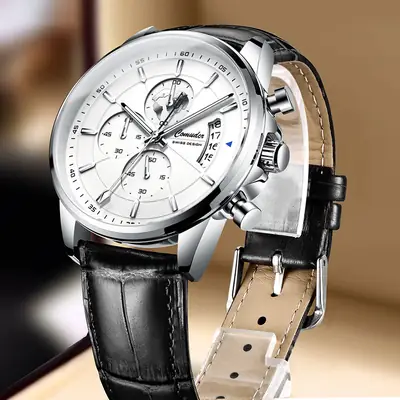 Men's Rose Gold Quartz Watch with Luminous Dial & Leather Strap