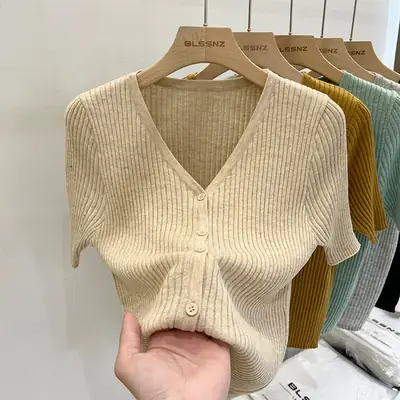 Women V-Neck Knit Short Sleeve Cardigan Summer Top
