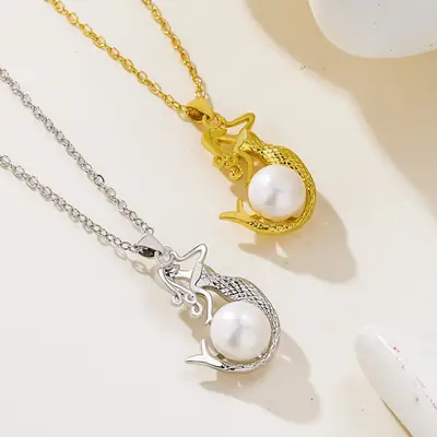 Golden Mermaid Pearl Pendant Necklace for Women
