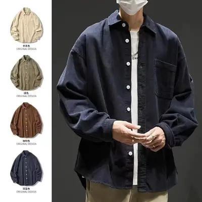 Men Navy Blue Long Sleeve Button Down Shirt Loose Fit