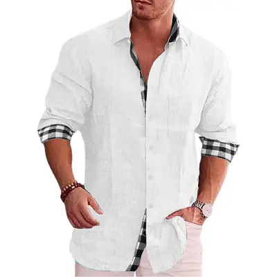 Men's Blue Long Sleeve Cotton Linen Shirt 2023