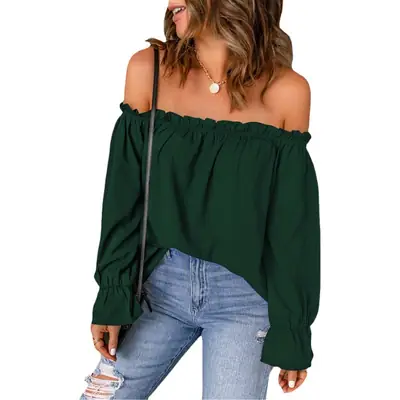 Black Off-Shoulder Chiffon Turtleneck Top for Women