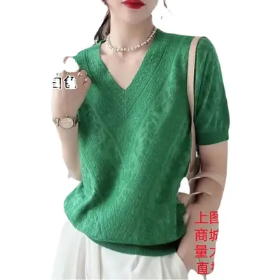 Women Ice Silk V-Neck T-Shirt Summer Loose Fit