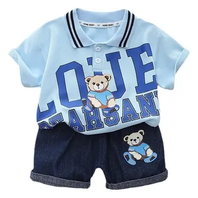 Kids Boys Cotton Teddy Bear Lapel T-Shirt Shorts Set