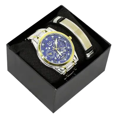 Blue Quartz Men's Wristwatch Set with Gold Band