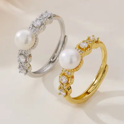 Freshwater Pearl 7-7.5mm Zircon Open Ring with DIY Empty Holder