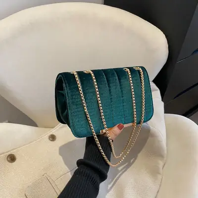 Green Velvet Chain Crossbody Bag for Women