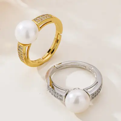 Gold Pearl Open Finger Ring with Crystal Stain