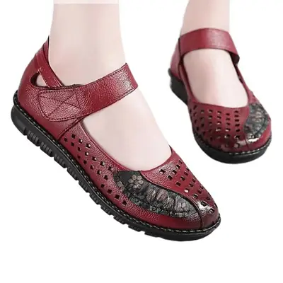 Women Red Leather Flat Sandals with Hollow Bottom