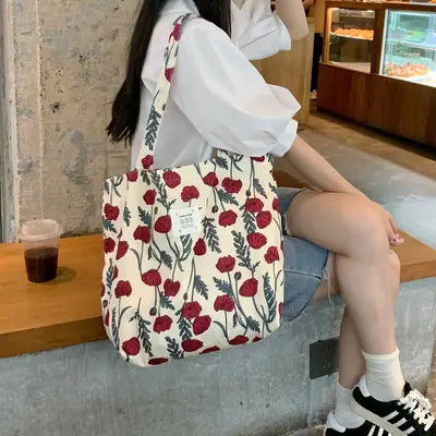 Canvas Floral Tote Bag Large Capacity Female Student Shopping Bag