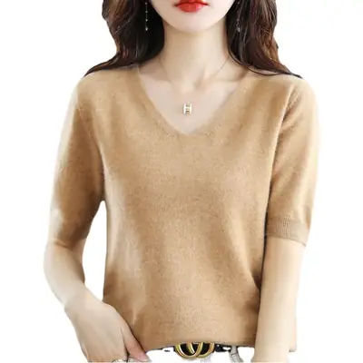 Blue V-Neck Knit V-Pullover Women Casual Top