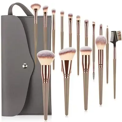 15-Piece Champagne Gold Makeup Brush Set for Foundation, Powder, Eyebrow & Full Set