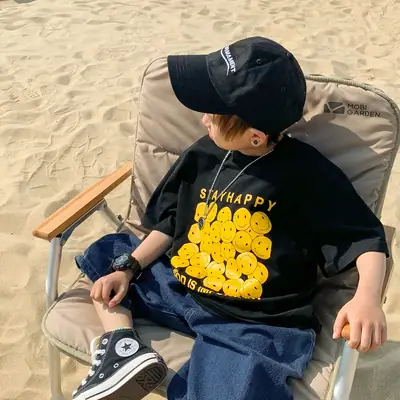2025 Kids Korean Style Short Sleeve T-Shirt Black Yellow Print