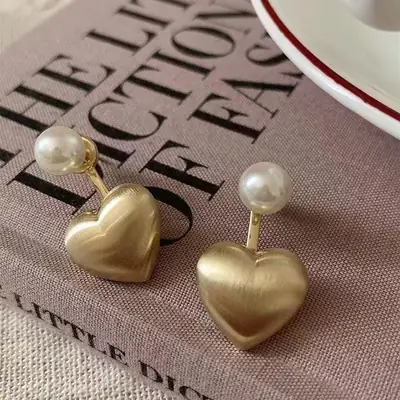 14K Gold Heart Pearl Earrings for Women