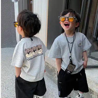2025 Summer New Boys T-shirt Gray Kids Casual Top