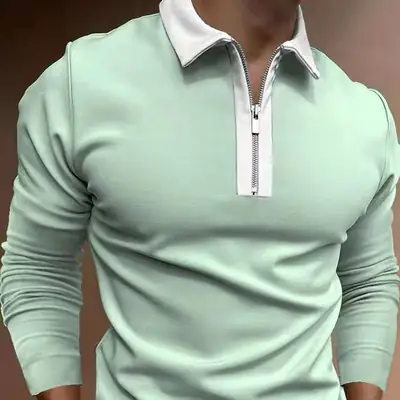 Men's Light Blue Lapel Zipper Polo Shirt Long Sleeve