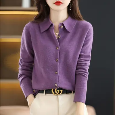 Women's White Polo Collar Long Sleeve Sweater Shirt