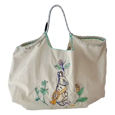 Pink Embroidered Rabbit Tote Bag with Orange Handles
