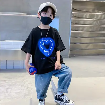 Kids Cotton Heart Print T-Shirt Black 2025 Summer