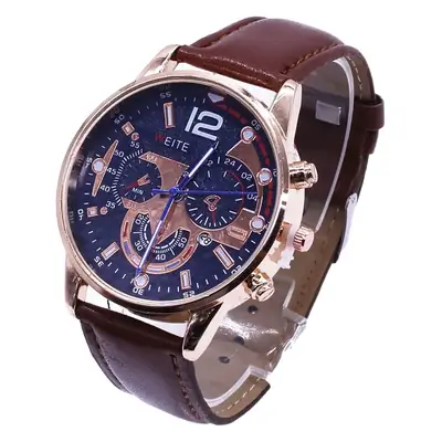 Men's Brown Leather Watch with Blue Dial & Quartz Movement