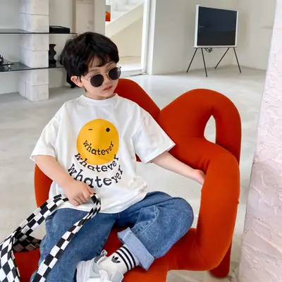 2025 Summer Boys T-Shirt Yellow Smile Graphic Cotton