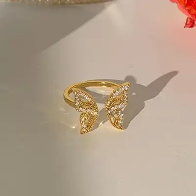 Golden Butterfly Index Finger Ring with Clear Stones