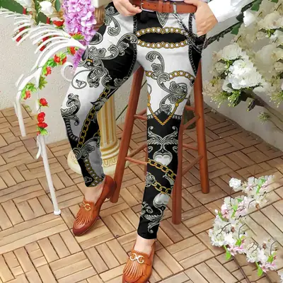 Men's Digital Print Slim Fit Pencil Pants Yellow Orange