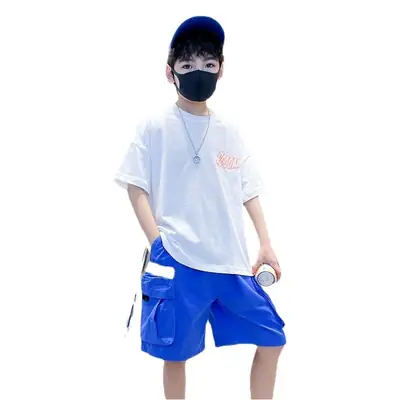 Kids Cotton T-Shirt Blue Checkered Graphic Shorts Set