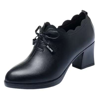 Women Black Leather Heel Boots with Bow Decor
