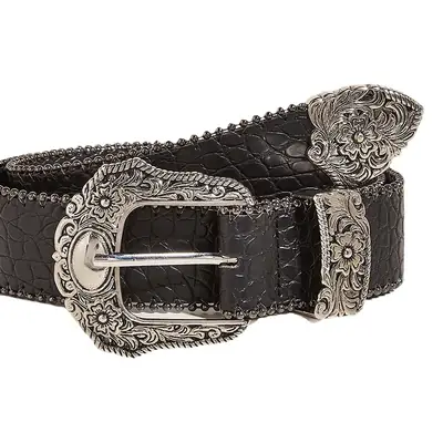 Women's Black Embossed Belt with Ornate Buckle