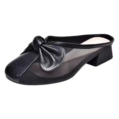 Women Green Bow Slippers Half Heel Soft Leather Summer