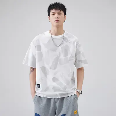 Men Navy Blue Loose Crewneck T-Shirt 2025
