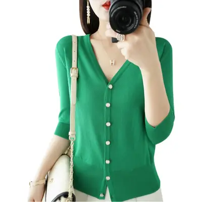 Women V-Neck Button Cardigan Ice Silk Sun Protection 2025