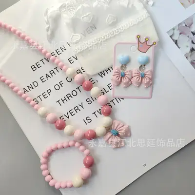 Cartoon Girl Blue Beaded Jewelry Set with Bow Laces