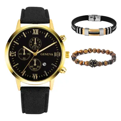 Men's Stainless Steel Watch with Beaded Bracelet Set