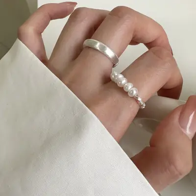 S925 Sterling Silver Pearl Ring Red Book All Match