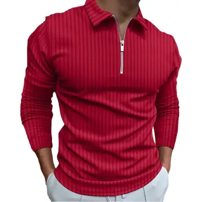 Men's Red Zipper Polo Shirt Long Sleeve Digital Print