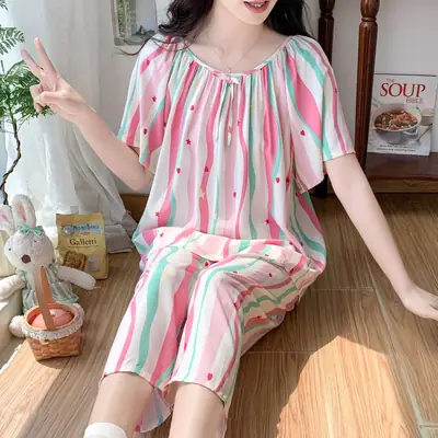 2026 Summer Rayon Women's Pajamas Short-Sleeve Three-Quarter Pants Set Fresh Pastoral Style Quality Loungewear Best-Selling Model